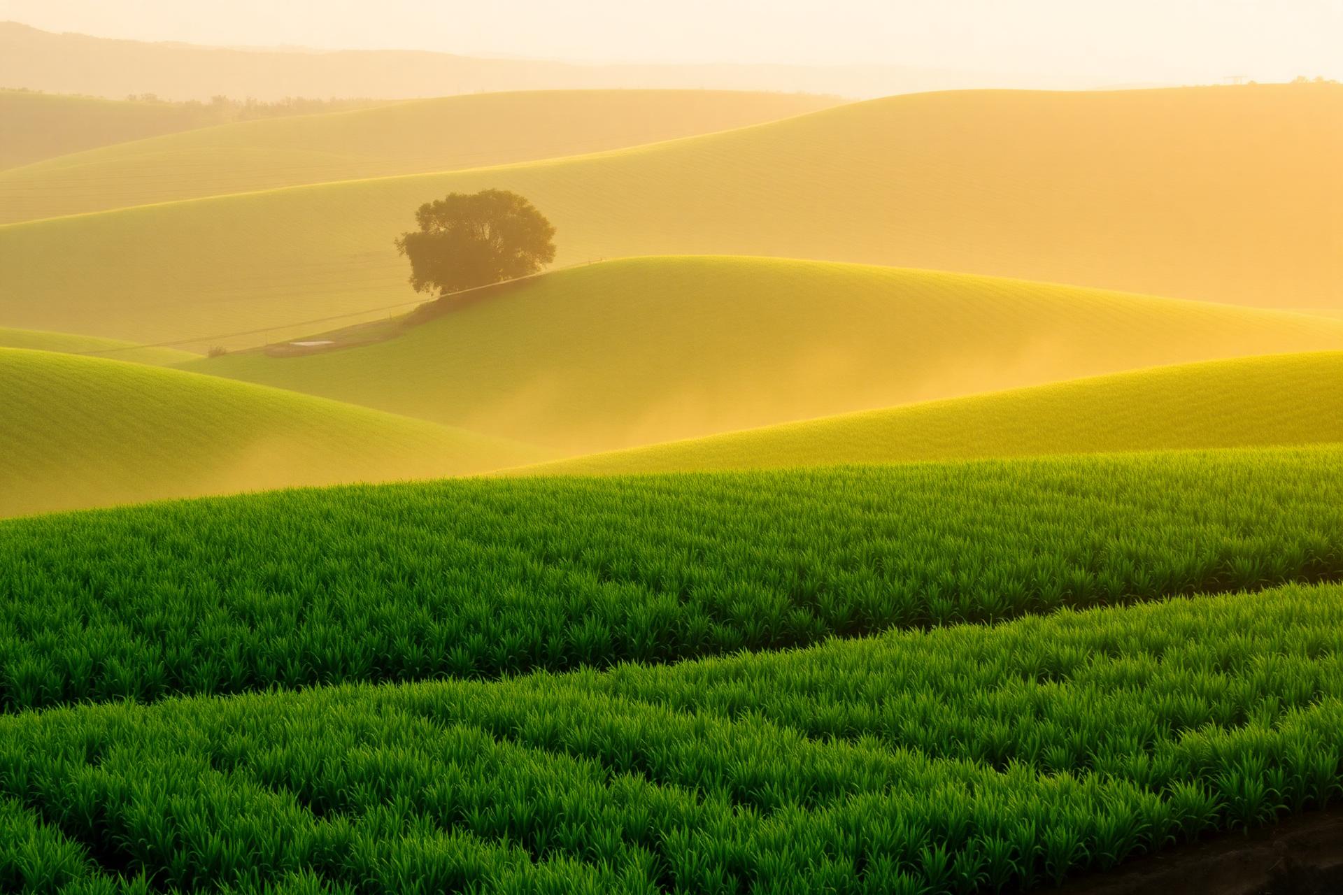 Rolling green farmland at sunrise